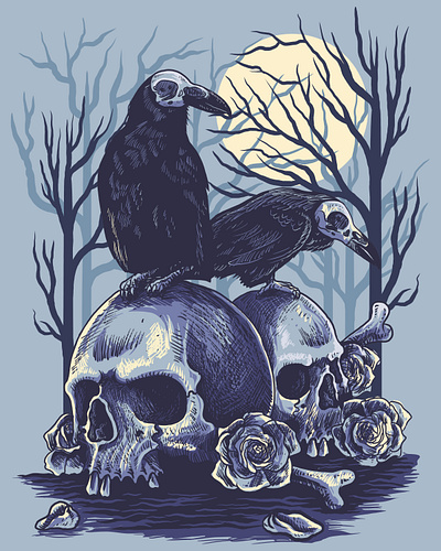 Crows on the skulls crows horror art merchandise art roses tees tshirt design