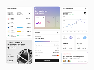 UI Components - Investing platform chart components design system finance fintech forms fund interface invest investing list minimal product design stocks trade trading ui ui kit ux web