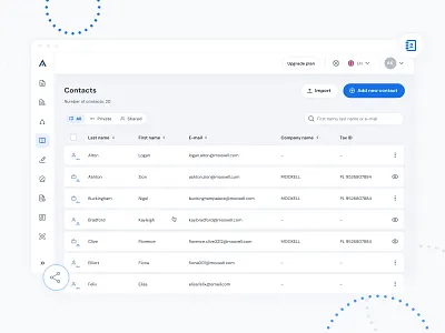 Autenti - contacts add new address book app company contact design desktop e mail import interface list private search share signature table ui ux