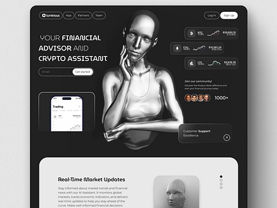 Luminous AI financial and crypto Assistant ai banking black clean crypto dark dark theme design finance future futuristic landing page moderb ui ux website