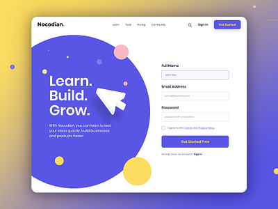 Nocodian | User Signup Page app development coding community coding education coding journey colorful digital solutions learning resources low code no code programming projects signup page skill development software development technology tutorials ui design user ux design web development