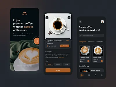 Coffee Shop Mobile App app application ui chocolate coffee coffee been coffee cup coffeeshop dark mode finder app mobile app design online food order order app order food order management restaurant booking ui ui design ux ux design