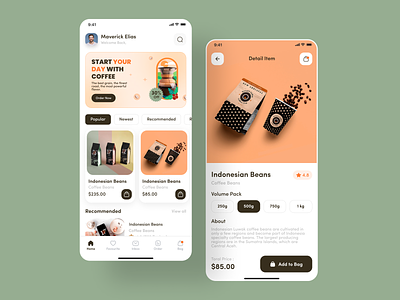 Coffee Shop Mobile App app beans clean cofe coffee beans coffee cup coffee shop design drink ecommerce home page market minimal mobile ui order product restaurant store trendy mobile app ui