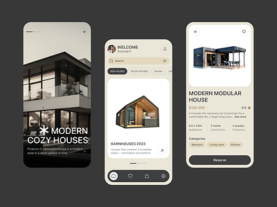Modular Homes App app architecture buying houses cozy houses design 2023 design applications home screen house mobile app modern modular house onboarding purchase screen ui ux