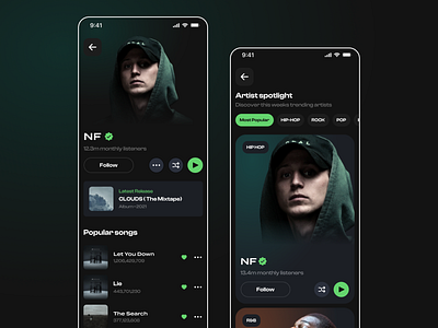 Music App app design clean dark mode hip hop ios app mobile app modern music music app music player nf pop rock ui ux