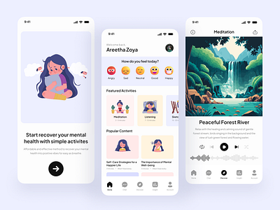 Mental Health App - Concept App Design 2d 3d abstract app art branding character clean figma flat illustration meditate meditation mental health minimal mobile theraphy ui ux wellness