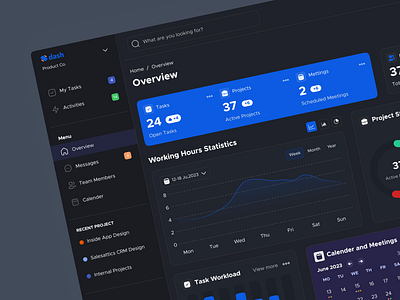 Dash - Overview (Dashboard) Dark mode appointment branding calender card dashboard design graph layout line graph member status mobile overview statistic table task management uidesign user inteface userexperience userinterface website