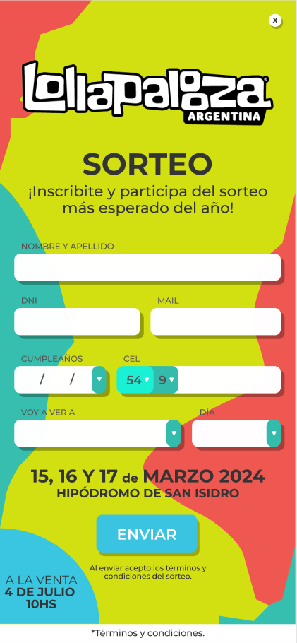 Interfaz gráfica de formulario para sorteo de entradas de Lollapalooza 2024