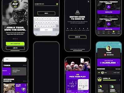 Fan Controlled Football Mobile Screens animation app branding components dark ui design esports football gaming mobile mobile ui mobile view sports ui user interface ux website