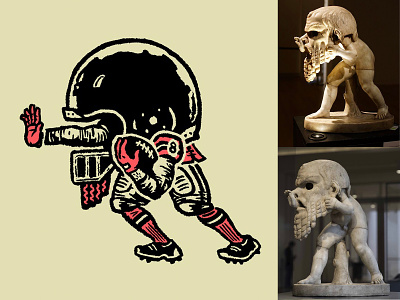 Drawing of a Young Rookie Wearing a Giant Helmet of Football antiquity athlete football greece greek helmet mask myth mythology rookie satyr sports statue theater
