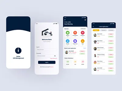 Strike - HR Management App Design application attendance calendar design employee app employee management employee self service hr management human resource leave management minimalist mobile app onboarding people task task management ui ux
