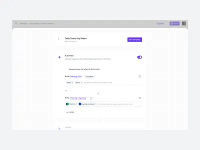 Automate Meeting Template ai app engine filters meeting purple rule saas string templates ui ux web app website workflow