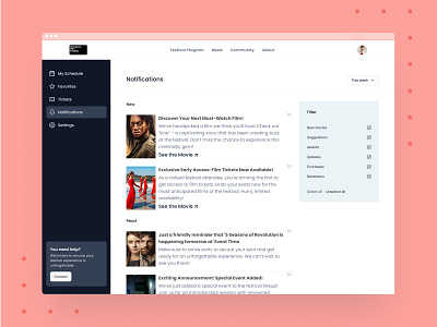 Sundance Film Festival Platform: Notifications checkbox festival film filter left menu message navigation notification platform saas stayinformed timestamp ui uidesign update ux uxdesign web webdesign