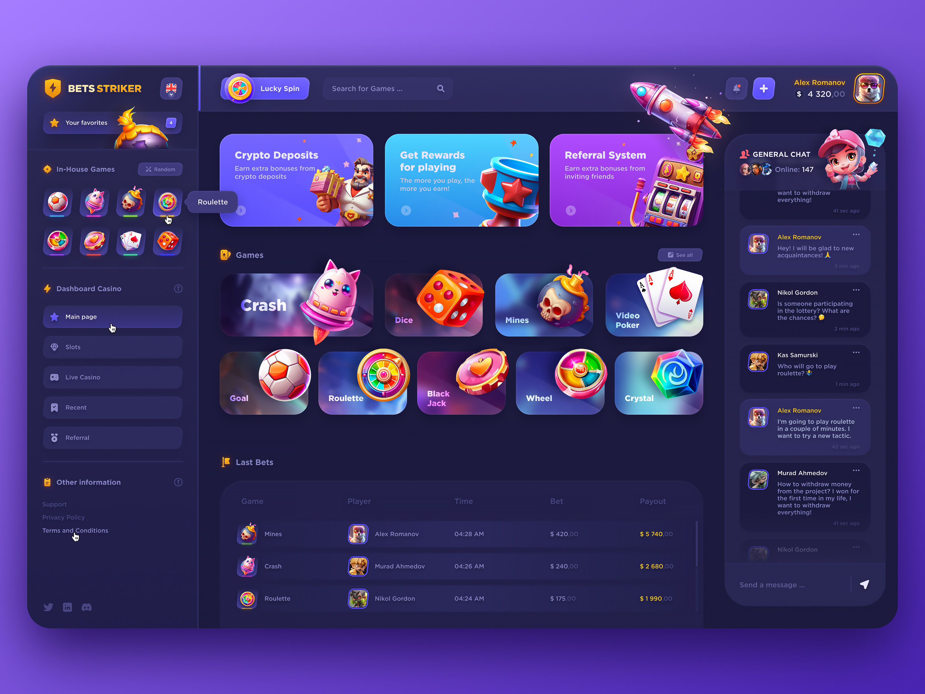 Bets Striker - Casino Interface bets betsmixer betting betting design casino casino art casino interface crash crypto casino dice gambling gambling design live casino mines poker roulette slots interface spins web casino wheel