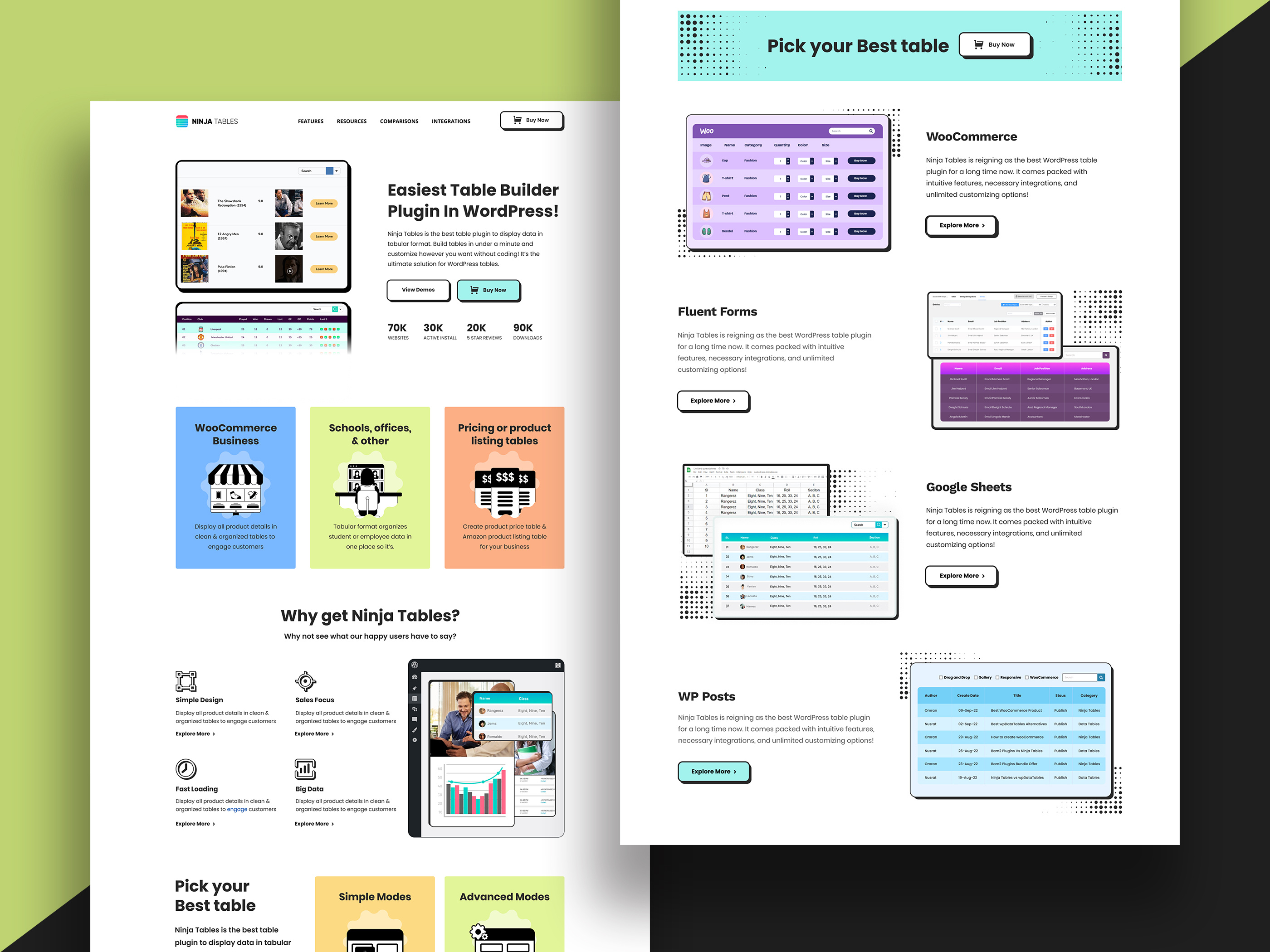Ninja Tables Website Design - Table Builder WordPress Plugin brutalism custom icon digital product home page landing page mahdi creates mahdicreates minimal ninja tables plugin website product website testimonial section ui ui design ux web section webdesign website wordpress wordpress plugin