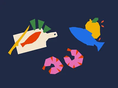 Cut-Out Seafood Illustration Style bold branding color colorful custom cutouts cutting board design fish graphic graphicdesign illustration illustrator inspiration kitchen lemon seafood shrimp unique