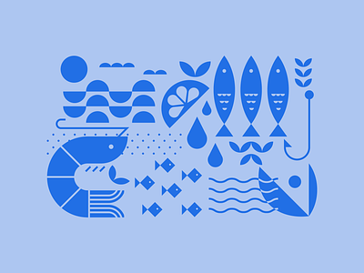 Geometric Seafood Illustration Style aquatic blue branding clam color custom design fish geometric graphic illustrator inspiration lemon salmon scandinavian sea seafood shrimp unique vector