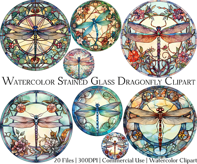 Watercolor Stained Glass Dragonfly Clipart