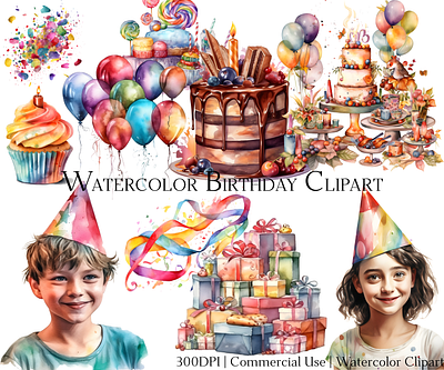 Watercolor Birthday Party Clipart