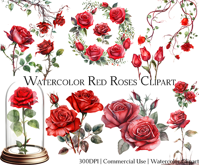 Watercolor Red Roses Clipart