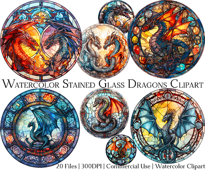 Watercolor Stained Glass Dragons Clipart