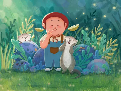 Happy Otter Illustration cute design flower forest header illustration jungle kid kids kids illustration landscape nature otter plant scenery summer