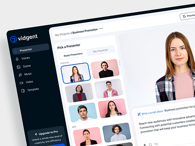 Vidgent - AI Video Generator Dashboard ai artificial intelligence business dashboard language magic script presenter script ui design video video generator web design
