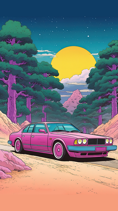 🌲Pink Roadster's Sunrise Adventure🌄 automotive art car art car illustration design digital art illustration japanese cars