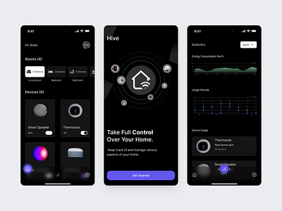 Hive; Smart Home App cards dark mode mobile app ui