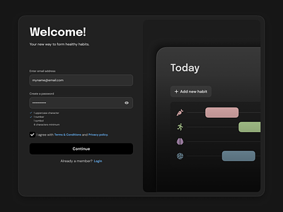 Sign up screen account create daily ui form habit log in password profile register sign in sign up tracker welcome
