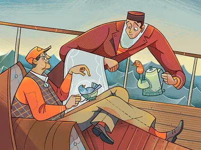 Cruise 2d illustration bird character character design cruise fireart fireart studio illustration man pigeon ship sky tea texture