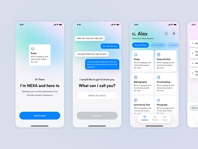 Nexa Ai v2 App Screens ai appstore artificial intelligence blue card clean design essay gradient mobile app navigation onboarding tab ui ux walkthrough