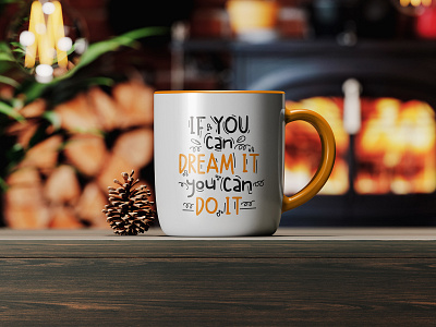 Coffee Mug on a Wooden Table by the Fireplace Mockup PSD porcelain