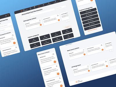 Accountant App Design – UI/UX for Articles Page black card card slider card template categories list category card clean design flat horizontal scroll label and plain text navbar responsive saas search input show more web interface