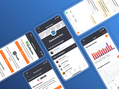 Your Accountant - iOS UI/UX Design For Accounting App add attachments add user bar chart black card list chart list chat and conversation fintech design flat integration list ios interface native orange saas user info user profile