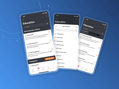 Your Accountant App – Article Page Design active sheet app for startups black card layout categories list category card education page fintech interface flat icon and text ios interface native orange results found saas sheet bottom