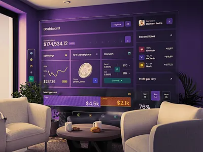 Concept design for a crypto dashboard in AR | Lazarev. 3d ar balance clean crypto dark mode dashboard design desktop digital graph interactive interface nft product stats ui ux vision pro web3