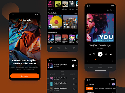 Music Player Mobile App album app branding dark mode design logo music music app music player play podcast records single song sound streaming ui ux