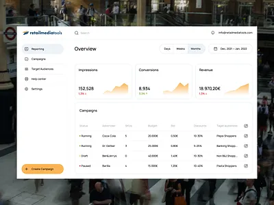 Retailmediatools UI refinement dashboard design system minimal retail retail media ui uiux web app web service