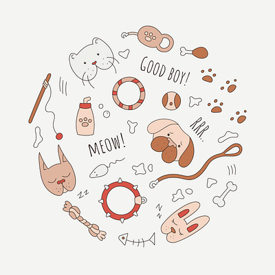 Set of pet shop items in doodle style. ball cat chicken leg collar dog goodies grooving illustration leash mouse paws pets pug rabbit scratches set spots toy walk