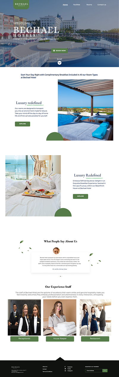Bechael Hotel Landing Page home page hotel hotel landing page product design reservation uiux web design