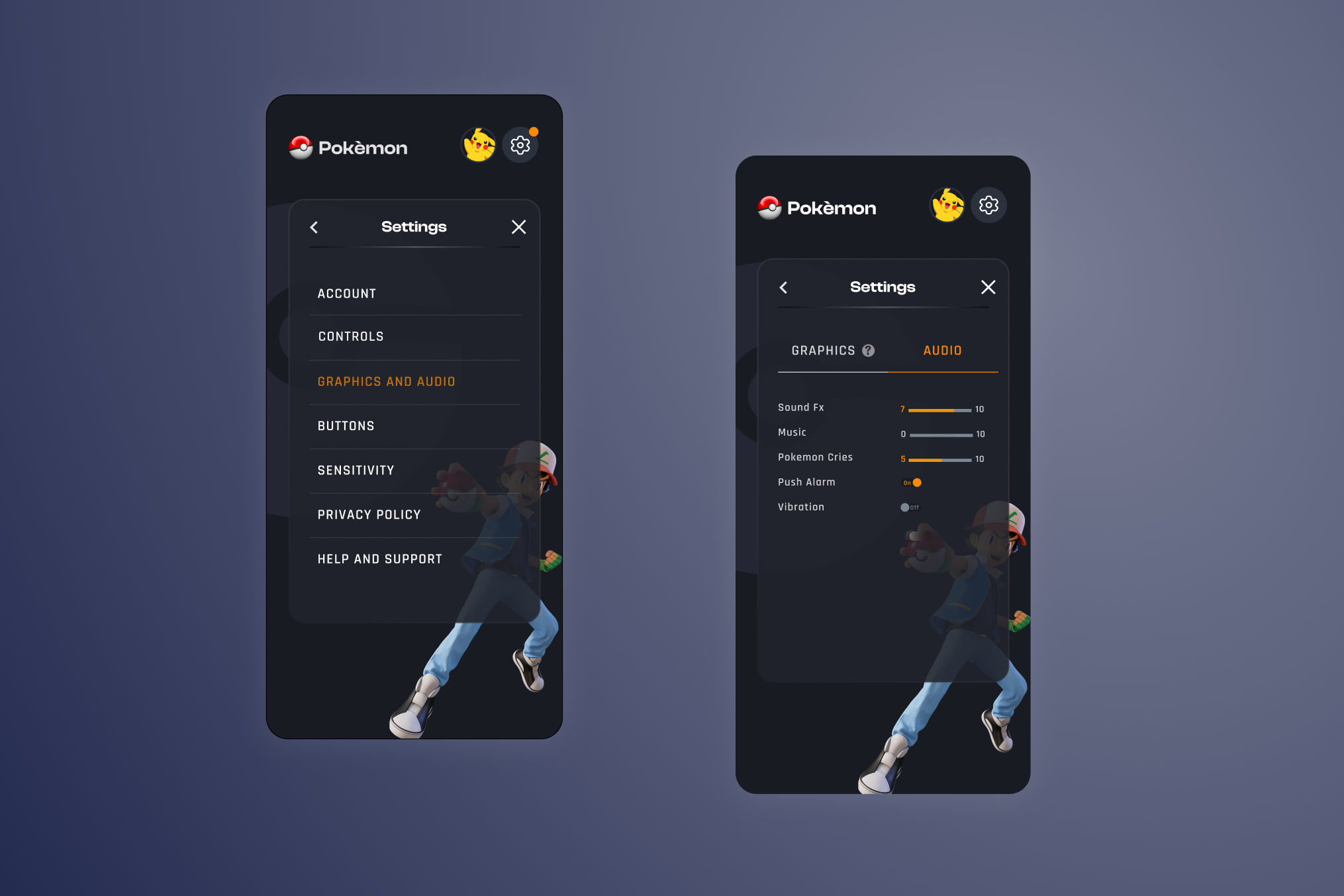 Daily UI Challenge | Day 7 | Settings | Game Design 100daysdailyuichallenge audio settings dailyui design figma game game design mobile app pokemon settings settingsui