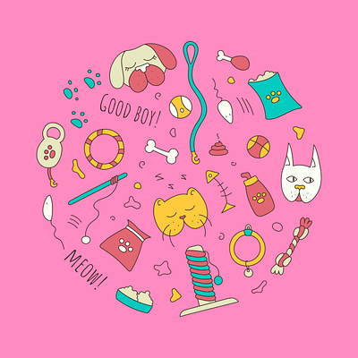 Set of pet shop elements on bright pink background. ball bone care cat chicken collar dog fish goodies grooving illustration leash mouse paws pets pink pug rabbit spots toy