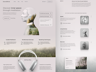 SereneMinds - website and app for audio meditation practices. airpods audio clean forest graphic design landing page meditation simple ui ux website