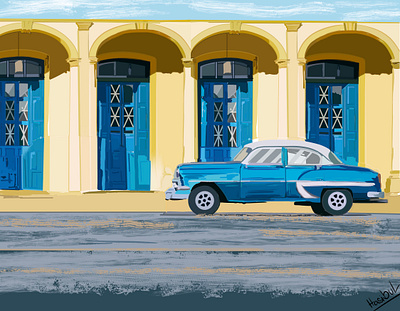 Car animation building car classic colour door graphic design illustration portrait road vector