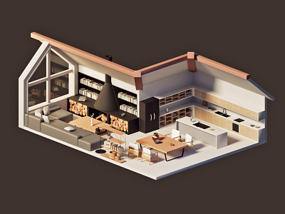 3D Room — Сozy house 3d 3droom books cg cinema4d cozy fireplace house kitchen library rozov sofa visualisation wnbl wood