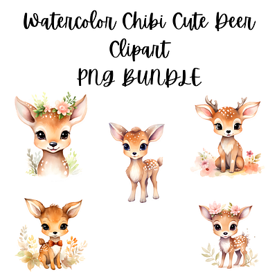 Watercolor Chibi Cute Deer Clipart PNG Bundle branding clipart design graphic design illustration png transparent background