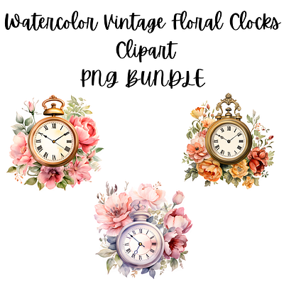 Watercolor Vintage Floral Clocks PNG Bundle branding clipart design graphic design illustration png transparent background
