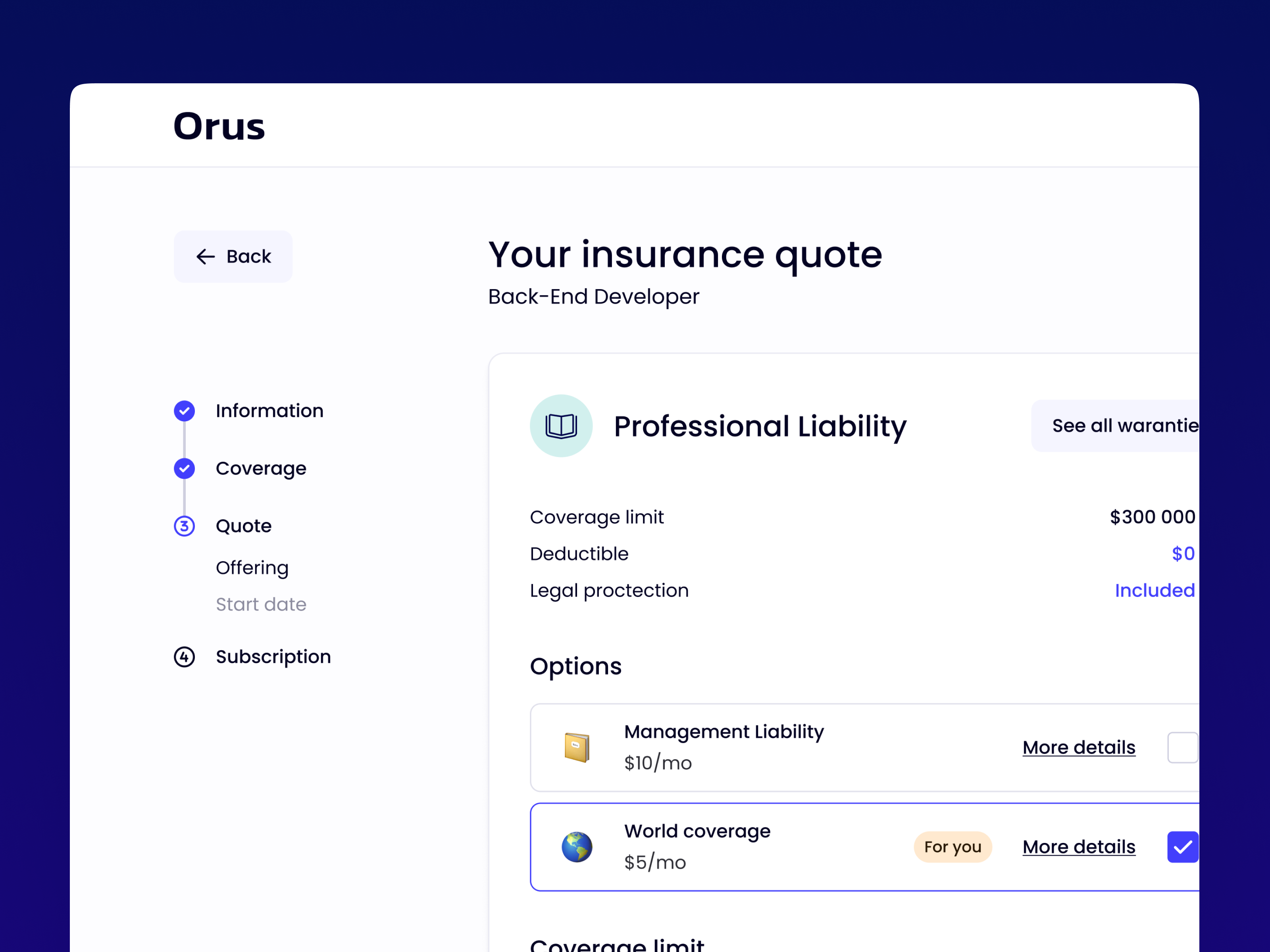 Orus • Quote page app box design design system flat insurance lean pricing quote stepper ui ux