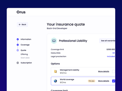 Orus • Quote page app box design design system flat insurance lean pricing quote stepper ui ux